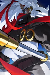  absurdres armor belt commentary_request cropped_jacket digimon digimon_(creature) digimon_beatbreak from_behind gokuwmon gold_ring headscarf highres holding holding_staff jacket jewelry leather leather_jacket leiyu_znto looking_back medium_hair monkey_boy no_humans pants pauldrons pointy_ears red_eyes red_scarf ring scarf shoulder_armor skirt staff white_hair white_skirt 