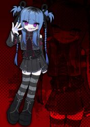 1girl :d absurdres amemiya_darumi arm_strap arm_up belt black_belt black_boots black_hair black_ribbon black_shirt black_skirt black_thighhighs blue_hair boots braid choker detached_sleeves double_bun facial_mark full_body grey_thighhighs hair_bun hair_ribbon heart heart_facial_mark highres long_hair looking_at_viewer multicolored_hair official_alternate_costume pink_eyes red_background red_choker ribbon safety_pin shirt skirt smile striped_clothes striped_thighhighs the_hundred_line_-last_defense_academy- thigh-highs twin_braids v7kp waving zoom_layer 