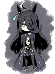  1girl abeyaki ahoge animal_ears belt black_belt black_gloves black_pantyhose black_skirt black_vest closed_mouth collared_shirt commentary_request dot_mouth ear_ornament ear_tag earrings gloves hair_over_one_eye hem_peeking_out highres horse_ears horse_girl jewelry long_bangs long_sleeves manhattan_cafe_(umamusume) multicolored_hair necktie pantyhose pleated_skirt shirt shoes single_earring skirt solo umamusume vest white_hair white_shirt white_shoes yellow_eyes yellow_necktie 