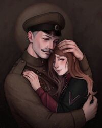  1boy 1girl 2girls artist_name belt blush brown_hat brown_jacket closed_eyes cossack crying freckles hat highres hug jacket long_hair mature_male multiple_girls original peaked_cap piccoladuce pyotr_krasnov real_life realistic ribbon_of_saint_george russian_civil_war sam_browne_belt short_hair shoulder_boards soldier streaming_tears tears twitter_username very_short_hair 
