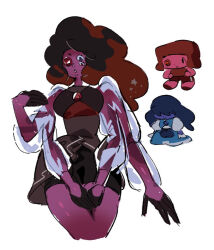  3girls afro antenna0203 blue_skin chibi chibi_inset colored_skin dress extra_arms eyeball_(steven_universe) fusion gem lips multiple_girls red_skin shorts sketch steven_universe white_background 