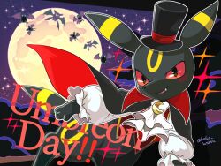  black_eyes black_hat cape character_name clothed_pokemon commentary_request crobat fangs full_moon golbat hat highres looking_at_viewer moon night no_humans open_mouth outline pokemon pokemon_(creature) red_eyes runachikku shirt sparkle top_hat two-sided_cape two-sided_fabric umbreon vampire_costume white_outline white_shirt zubat 