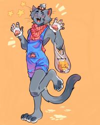  1boy :d animal_ears animal_hands barefoot bell blue_eyes blue_overalls blush body_fur cat_ears cat_paws fang full_body furry furry_male grey_fur grey_hair grey_tail hair_bell hair_ornament happy highres leg_up looking_to_the_side male_focus molokomyau orange_background original overalls paw_print pawpads pink_shirt shirt sleeveless sleeveless_turtleneck smile star_(symbol) tongue turtleneck 