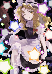  1girl absurdres apron black_hat black_shoes black_skirt black_vest blonde_hair bow braid broom broom_riding closed_mouth commentary_request frilled_skirt frills hair_bow hat hat_bow highres kirisame_marisa kuzumoti_107 long_hair looking_at_viewer one_eye_closed puffy_short_sleeves puffy_sleeves red_bow shoes short_sleeves side_braid single_braid skirt smile socks solo star_(symbol) touhou vest waist_apron white_apron white_bow white_socks witch_hat yellow_eyes 