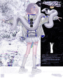  1girl absurdres acid_graphics barcode belt black_bow bow bow_hairband closed_mouth commentary cyber_sigilism double_v ear_piercing from_behind full_body hair_between_eyes hair_ornament hairband hairclip highres hood hood_down hooded_jacket jacket jewelry kneehighs long_sleeves looking_at_viewer looking_back multiple_rings original outstretched_arms piercing pink_hair pleated_skirt profile ring shoes short_hair skirt snake snake_wrapped_around_body sneakers socks solo spread_arms thigh_belt thigh_strap v violet_eyes white_hair white_jacket white_shoes white_skirt white_snake white_socks zhayoulu 
