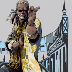  1boy beard commentary_request connected_beard dark-skinned_male dark_skin dreadlocks facial_hair fighting_stance grey_background highres jbstyle leroy_smith lips long_sleeves male_focus shirt solo sunglasses tekken tekken_8 white_hair white_shirt 
