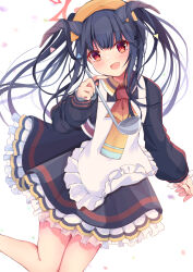  1girl :d absurdres apron black_dress black_hair blue_archive blunt_bangs blush colored_eyelashes commentary_request cowboy_shot demon_girl demon_horns dress dutch_angle floating_hair frilled_apron frilled_dress frilled_sleeves frills fuuka_(blue_archive) hair_on_horn halo hand_up headscarf highres holding holding_ladle horns kagurazaka_(zwyz7227) ladle long_hair long_sleeves looking_at_viewer necktie open_mouth orange_headscarf puffy_long_sleeves puffy_sleeves red_eyes red_halo red_necktie short_dress sidelocks smile solo twintails very_long_hair white_apron 