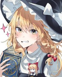  1girl black_hat black_vest blonde_hair blush book bow braid commentary_request grimoire grin hair_bow hat hat_bow highres holding holding_book kirisame_marisa long_hair looking_at_viewer red_bow s08901 shanghai_doll side_braid simple_background single_braid smile solo touhou vest white_background white_bow witch_hat yellow_eyes 