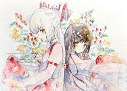  2girls back-to-back blush bow brown_hair collared_shirt commentary_request flower flower_request fujiwara_no_mokou grey_hair hair_bow highres houraisan_kaguya long_hair long_skirt long_sleeves multiple_girls multiple_hair_bows navybluesparrow ofuda ofuda_on_clothes painting_(medium) pants pink_eyes pink_shirt red_eyes red_flower red_pants red_skirt shirt sitting skirt smile suspenders touhou traditional_media very_long_hair watercolor_(medium) watermark white_shirt wide_sleeves yellow_flower 