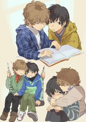  2boys :3 black_eyes black_hair black_pants blue_shirt blush book brown_hair brown_pants child closed_mouth commentary_request green_pants hiraga_keisuke hood hood_down hooded_jacket hug hug_from_behind isa_(peien516) jacket knees_up male_focus multiple_boys multiple_views odagiri_hidetoshi on_swing open_book open_clothes open_shirt pants persona persona_3 shared_swing shirt swing white_shirt 