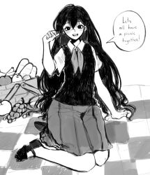  1girl absurdres arm_support blush bright_pupils checkered_blanket chiozi collared_shirt commentary double-parted_bangs english_commentary english_text greyscale hair_between_eyes highres long_hair looking_at_viewer mari_(headspace)_(omori) mari_(omori) monochrome neckerchief omori open_mouth picnic_basket picnic_blanket pleated_skirt shirt shoes short_sleeves sitting skirt smile solo speech_bubble sweater_vest teeth tongue 