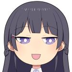  1girl :d black_hair blunt_bangs blush braid bright_pupils commentary_request french_braid hospital_king long_hair looking_down medium_bangs nijisanji open_mouth portrait simple_background smile solo tsukino_mito violet_eyes virtual_youtuber white_background white_pupils 