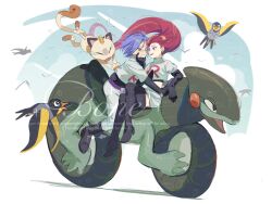  1boy 1girl black_gloves blue_hair boots chinese_commentary commentary_request crop_top earrings elbow_gloves gloves hair_slicked_back highres james_(pokemon) jessie_(pokemon) jewelry meowth pokemon pokemon_(anime) pokemon_(classic_anime) pokemon_(creature) pokemon_scarlet_and_violet xinjinjumin581516475311 