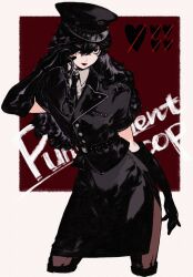 1boy absurdres amamiya_ren black_gloves black_hair black_hat black_jacket black_necktie black_pantyhose black_skirt boots collared_shirt crossdressing crossdressing_(mtf) cuffs elbow_gloves gloves hair_over_one_eye handcuffs hat highres holding holding_handcuffs jacket joker_(persona_5) legs_apart long_hair looking_at_viewer male_focus necktie official_alternate_costume pantyhose persona persona_5:_dancing_star_night persona_dancing police police_hat police_uniform red_lips saichuu_(more1208) shirt side_slit simple_background skirt trap white_background white_shirt 