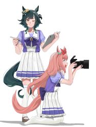  2girls agnes_digital_(umamusume) animal_ears bow bowtie camera commentary drooling ear_bow ear_ornament ears_through_headwear english_commentary green_bow green_eyes green_hair green_tail hair_bow hat highres holding holding_camera holding_tablet_pc horse_ears horse_girl horse_tail horseshoe_ornament kiseki_(umamusume) kneeling long_hair mappleon1 mouth_drool multicolored_hair multiple_girls one_eye_closed pink_hair pink_tail pleated_skirt puffy_short_sleeves puffy_sleeves purple_bow purple_sailor_collar purple_serafuku purple_shirt purple_skirt red_bow sailor_collar sailor_shirt school_uniform serafuku shirt short_hair short_sleeves skirt smile standing streaked_hair stylus tablet_pc tail thigh-highs tracen_school_uniform umamusume white_skirt white_streaks white_thighhighs yellow_hat 