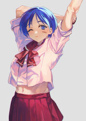  1girl abs arm_behind_head arms_up bandaid bandaid_on_cheek bandaid_on_face blue_eyes blue_hair bow bowtie closed_mouth commentary_request cowboy_shot grey_background highres looking_at_viewer matsubara_aoi midriff navel one_eye_closed otsudou parted_bangs pleated_skirt red_bow red_bowtie red_sailor_collar red_skirt sailor_collar school_uniform serafuku short_hair simple_background skirt sleeves_rolled_up solo stretching to_heart to_heart_(series) 