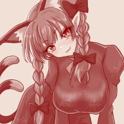  1girl :3 animal_ears bent_over blush bow braid breasts cat_ears cat_girl cat_tail closed_mouth dress extra_ears hair_bow kaenbyou_rin large_breasts long_hair long_sleeves looking_at_viewer lowres monochrome multiple_tails necoyngwie pointy_ears side_braids simple_background solo tail touhou twin_braids two_tails 