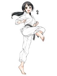  1girl barefoot black_hair brown_eyes commentary_request dougi full_body hamao highres idolmaster idolmaster_cinderella_girls karate_gi kicking long_hair looking_at_viewer low_twintails nakano_yuka open_mouth smile solo twintails 