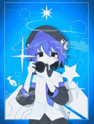  1girl beret black_hat blue_background camera detached_sleeves fish hat highres holding holding_camera looking_at_viewer neli_o purple_hair short_hair solo star_(symbol) upper_body urami_koushin_(utau) utane_uta 