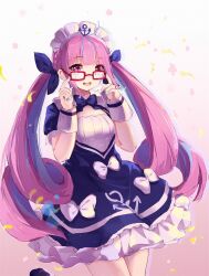  1girl :d adjusting_eyewear ahoge anchor_print anchor_symbol bespectacled blue_bow blue_bowtie blue_dress blue_nails blue_streaks blunt_bangs bow bowtie braid colored_inner_hair commentary coria cowboy_shot curled_ends dress dress_bow drill_hair fingernails framed_breasts frilled_dress frills glasses gradient_background hair_bow hands_on_eyewear hands_up high-ended_braid highres hololive leg_up long_hair looking_at_viewer looking_over_eyewear low_drills maid maid_headdress minato_aqua minato_aqua_(1st_costume) motion_blur multicolored_hair nail_polish pink_background purple_hair red-framed_eyewear short_dress short_sleeves smile solo streaked_hair twin_drills twintails two-tone_hair untranslatable_commentary very_long_hair violet_eyes virtual_youtuber white_bow white_wrist_cuffs wrist_cuffs 