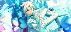  1boy alternate_costume black_necktie black_streaks blue_eyes box curtained_hair dreonya dress_shoes earrings ensemble_stars! envelope frilled_jacket frills from_above gift gift_box gift_stack gloves heart heart_earrings highres holding holding_envelope jacket jewelry light_particles long_sleeves looking_at_viewer male_focus multicolored_hair necklace necktie official_style pants parted_bangs parted_lips pearl_necklace shirt shoes short_hair sitting solo streaked_hair taki_ibuki v-shaped_eyebrows white_day white_gloves white_jacket white_pants white_shirt white_shoes 