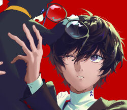  1boy amamiya_ren animal animal_collar arms_up black-framed_eyewear black_coat black_hair blue_eyes cat coat collar double-parted_bangs fajyobore fangs glasses highres holding holding_animal layered_sleeves looking_at_another male_focus morgana_(cat)_(persona_5) morgana_(persona_5) multicolored_cat one_eye_closed open_mouth parted_lips persona persona_5 red_background sanpaku school_uniform shirt shuujin_academy_school_uniform simple_background unworn_eyewear white_shirt yellow_collar 