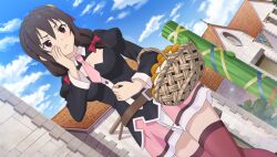  >:( 1girl basket belt belt_buckle black_shirt blue_sky blush bow braid breasts brick_wall brown_belt brown_hair buckle cleavage_cutout closed_mouth clothing_cutout clouds collared_shirt cowboy_shot crown_braid day dutch_angle game_asset hair_bow hand_on_own_cheek hand_on_own_face highres holding holding_basket house kono_subarashii_sekai_ni_shukufuku_wo! kono_subarashii_sekai_ni_shukufuku_wo!_kono_yokubukai_game_ni_shinpan_o! large_breasts long_sleeves looking_to_the_side low_twintails necktie non-web_source official_art outdoors pink_necktie pink_skirt pink_thighhighs puffy_long_sleeves puffy_sleeves red_bow red_eyes self-datamine shirt short_necktie skirt sky solo standing thigh-highs twintails v-shaped_eyebrows wicker_basket yunyun_(konosuba) 