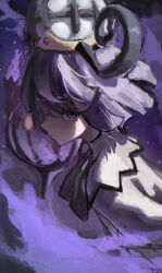  1girl absurdres bob_cut chandelure closed_mouth coat commentary_request fire from_side gwynn_(pokemon) hat highres looking_at_viewer matutake_777 pokemon pokemon_(creature) pokemon_legends:_z-a purple_fire purple_hair short_hair solo upper_body violet_eyes white_coat 