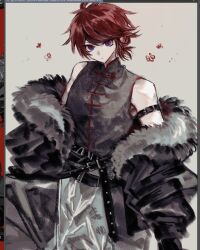  1boy arm_strap art_program_in_frame bare_shoulders belt black_belt black_hair black_jacket black_shirt closed_mouth cowboy_shot expressionless fur-trimmed_jacket fur_trim grey_background grey_pants highres jacket jacket_partially_removed looking_at_viewer male_focus multicolored_hair nyab_oo official_alternate_costume pants red_hair red_trim shirt short_hair sleeveless sleeveless_shirt solo streaked_hair sumino_takumi the_hundred_line_-last_defense_academy- tsurime two-tone_hair 