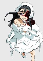  1girl 3aaaa64 alien_stage bandana black_hair commentary_request dress elbow_gloves gloves hair_between_eyes highres long_hair looking_at_viewer microphone off-shoulder_dress off_shoulder smile solo sua_(alien_stage) violet_eyes white_bandana white_dress white_gloves zombie_stage 