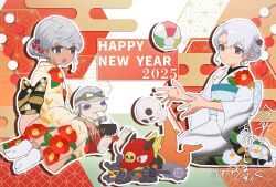  2girls 2others commentary_request constructor_princess_pylon destructor_soldier_helmet duel_monster floral_print flower grey_hair hair_flower hair_ornament happy_new_year helmet highres japanese_clothes kimono long_hair multiple_girls multiple_others mutsuba_asaka mutsuba_asana tan violet_eyes yu-gi-oh! yu-gi-oh!_go_rush!! yu-gi-oh!_sevens yuzutaroman 
