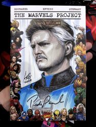  1boy artist's_hand_in_frame beard blue_shirt brown_hair commentary cover_sketch english_commentary facial_hair fantastic_four highres male_focus marker_(medium) marvel multicolored_hair mustache pedro_pascal photo_(medium) reed_richards shirt signature stanley_lau the_fantastic_four:_first_steps traditional_media two-tone_hair two-tone_shirt upper_body 