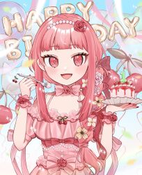  1girl :d absurdres balloon birthday_cake breasts cake character_request cherry collarbone commentary_request commission copyright_request dress flower food fork frills fruit hair_ornament happy_birthday highres holding holding_fork jewelry kuroshiro_(lilymofumofu) long_hair looking_at_viewer open_mouth pink_hair red_eyes red_flower red_rose rose smile strawberry virtual_youtuber 