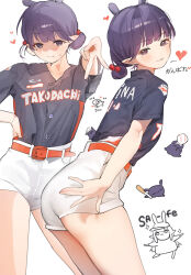  1girl :3 :p absurdres ball baseball_(object) baseball_bat baseball_jersey belt blunt_bangs character_name chibi chocosong commentary_request gyaru_v hair_bun hand_on_own_hip heart heart_in_eye high-waist_shorts highres hololive hololive_english jersey looking_at_viewer mole mole_under_eye multiple_views ninomae_ina'nis orange_belt partial_commentary pointy_ears purple_hair shirt_tucked_in short_hair short_shorts short_sleeves shorts simple_background single_hair_bun symbol_in_eye takodachi_(ninomae_ina'nis) tongue tongue_out v violet_eyes virtual_youtuber white_background white_shorts 