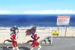  2girls ^_^ animal_ears beach black_socks blue_hair breasts brown_hair closed_eyes clouds colored_inner_hair daitaku_helios_(umamusume) dated day ear_covers high_heels horizon horse_ears horse_girl horse_tail jacket kneehighs long_hair long_sleeves multicolored_hair multiple_girls ocean open_clothes open_jacket open_mouth outdoors railing red_shorts running sand shadow shoes shorts sign small_breasts smile sneakers socks stairs streaked_hair tail tail_through_clothes takuzui tosen_jordan_(umamusume) tracen_training_uniform twintails twitter_username umamusume water 