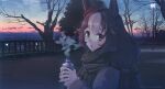  1girl animal_ears bare_tree bottle brown_hair clouds coat dated ear_scrunchie hands_up holding holding_bottle horse_ears lamppost long_hair long_sleeves looking_at_viewer looking_to_the_side low_twintails multicolored_hair open_mouth outdoors railing scarf solo steam sunset takuzui tree twintails twitter_username two-tone_hair umamusume upper_body yamanin_zephyr_(umamusume) yellow_eyes 