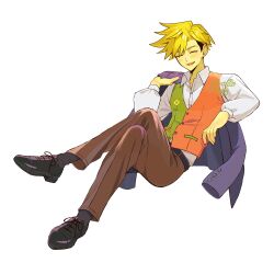  1boy absurdres blonde_hair brown_pants closed_eyes collared_shirt commentary_request deltarune flowery_(deltarune) ghost_bunny_0 green_vest highres holding invisible_chair male_focus open_mouth pants shirt shoes side_part sitting smile two-tone_vest undercut utdr_(toby_fox) variant_set vest white_shirt 