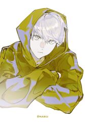  1boy absurdres chidian_chidian crossed_arms expressionless grey_eyes highres hood hood_up long_sleeves looking_at_viewer male_focus narukami_yu pale_skin persona persona_4 raincoat short_hair simple_background solo tsurime watermark white_background white_hair yellow_raincoat 