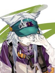  1girl absurdres akakuu animal_ears arknights chinese_commentary commentary_request grey_hair hair_between_eyes hand_to_own_mouth hand_up highres hongshan_forest_zoo jacket lappland_(arknights) long_hair long_sleeves looking_at_viewer official_alternate_costume purple_jacket scar scar_across_eye scar_on_face solo upper_body visor_cap white_background wolf_ears wolf_girl 