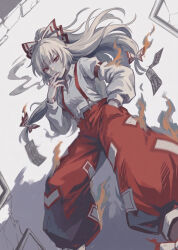  1girl absurdres armlet baggy_pants between_fingers boots bow breasts brown_boots buttons cigarette collared_shirt commentary_request empty_eyes feet_out_of_frame fingernails fire floating_hair footwear_bow fujiwara_no_mokou hair_between_eyes hair_bow hand_in_pocket hand_up high_ponytail highres holding holding_cigarette jewelry juliet_sleeves long_hair long_sleeves medium_breasts ofuda ofuda_on_clothes open_mouth pants ponytail puffy_long_sleeves puffy_sleeves red_eyes red_pants shirt sidelocks simple_background smoke smoking solo standing suspenders touhou user_ardu5834 wavy_hair white_background white_bow white_hair white_shirt 