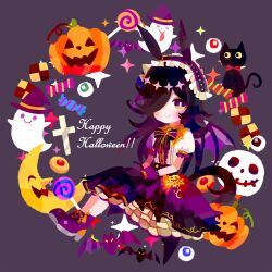  1girl animal_ears bat_(animal) black_hair boots bow bowtie candy cat checkerboard_cookie closed_mouth commentary_request cookie crescent_moon english_text food frilled_hairband frills full_body ghost gloves hair_over_one_eye hairband halloween halloween_costume happy_halloween hat highres holding horse_ears horse_girl horse_tail jack-o'-lantern lollipop long_hair looking_at_viewer moon no_lineart puffy_short_sleeves puffy_sleeves purple_background purple_gloves rice_shower_(umamusume) rice_shower_(vampire_makeover!)_(umamusume) shirt short_sleeves simple_background sitting skirt smile solo sparkle striped_bow tail umamusume violet_eyes waniyama1993 white_shirt wings witch_hat 