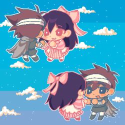  1boy 1girl antenna_hair bandaged_arm bandaged_head bandages black_eyes black_hair blush bow bright_pupils brown_hair cape chibi chibi_only clouds commentary dark-skinned_male dark_skin double-parted_bangs dress english_commentary grey_cape hair_behind_ear hair_between_eyes hair_bow hero_(faraway)_(omori) hero_(omori) highres long_hair looking_at_another lyuz_(justtoseemeplea) mari_(faraway)_(omori) mari_(omori) omori open_mouth parted_lips pink_bow pink_dress pixel_art short_hair smile white_pupils 