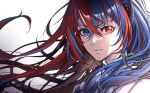  alear_(female)_(fire_emblem) alear_(fire_emblem) blue_eyes blue_hair braid closed_mouth crossed_bangs crown_braid fire_emblem fire_emblem_engage hair_between_eyes heterochromia highres long_hair looking_at_viewer multicolored_hair red_eyes redhead two-tone_hair umi_(_oneinchswing) white_background 