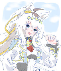  1girl absurdres ahoge animal_ears blue_eyes blush brooch cropped_jacket diamond_brooch grey_hair grey_leotard hair_between_eyes hair_ornament hair_ribbon highres horse_ears horse_girl jacket jewelry leotard long_hair long_sleeves mokuroo neckerchief oguri_cap_(cinderella_gray)_(umamusume) oguri_cap_(umamusume) open_mouth ponytail red_neckerchief ribbon smile solo star_brooch umamusume umamusume:_cinderella_gray white_jacket 
