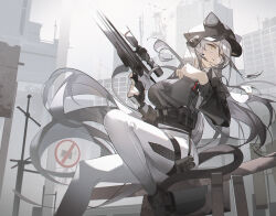  1girl absurdres arknights belt_pouch binoculars black_hat black_shirt breasts building commentary_request earpiece fingerless_gloves gloves grey_hair gun hat highres holding holding_gun holding_weapon krao large_breasts long_hair official_alternate_costume outdoors pants pouch revision rifle road_sign schwarz_(arknights) schwarz_(skyline)_(arknights) scope shirt sign single_glove sniper_rifle solo strap tail very_long_hair weapon white_pants yellow_eyes 