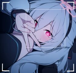  1girl black_hairband blue_archive commentary_request double-parted_bangs hair_between_eyes hairband halo highres jacket kei_(blue_archive) kei_(student)_(blue_archive) knees_to_chest korean_commentary light_blush long_hair long_sleeves pink_halo rectangular_halo solo thigh-highs v viewfinder white_hairband yungun_(dbsrjsdn0330) 