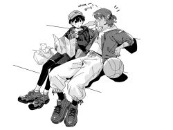  2boys alternate_costume alternate_hairstyle ball bandaid bandaid_on_arm basketball_(object) blush commentary dark-skinned_male dark_skin eggosfried greyscale hat highres holding holding_map hood hoodie jacket kel_(faraway)_(omori) kel_(omori) looking_at_another map monochrome multiple_boys newsboy_cap omori open_mouth pants parted_lips shoes short-sleeved_jacket short_hair short_sleeves shorts sitting sneakers socks sunny_(omori) untranslatable_commentary 