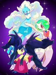  3others absurdres altaria bob_cut colored_skin dress elbow_gloves extra_mouth fangs gardevoir gloves green_hair highres mawile mega_altaria mega_gardevoir mega_mawile mega_pokemon multiple_others pink_eyes pokemon pokemon_(creature) saku06480514 white_dress white_gloves white_skin yellow_skin 