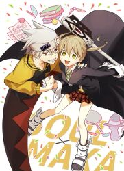 1boy 1girl blonde_hair book character_name commentary_request gloves green_eyes headband highres long_hair looking_at_viewer maka_albarn open_mouth plaid_clothes plaid_skirt red_eyes se_sm short_hair skirt smile soul_eater soul_evans twintails white_hair 