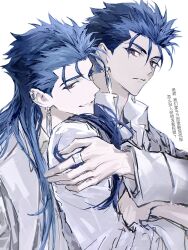  2boys absurdres blue_hair chinese_text cu_chulainn_(caster)_(fate) cu_chulainn_(fate) cu_chulainn_(lancer)_(fate) dual_persona ear_cuffs earrings fate/grand_order fate_(series) highres hug hug_from_behind jewelry long_hair looking_at_viewer male_focus metama multiple_boys open_mouth red_eyes ring shirt simple_background smile tearing_up translation_request upper_body white_background white_shirt 